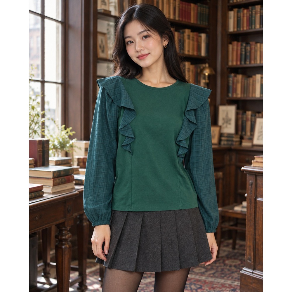 J.Crew Green Plaid Ruffle Jersey Long Sleeve Top XS Cottagecore Preppy Academia